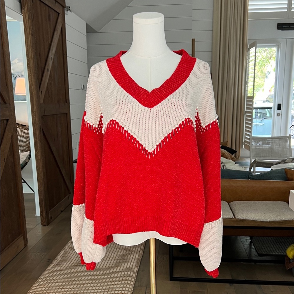 Red and white with pearl detail Christmas sweater. Size small. Runs oversized !